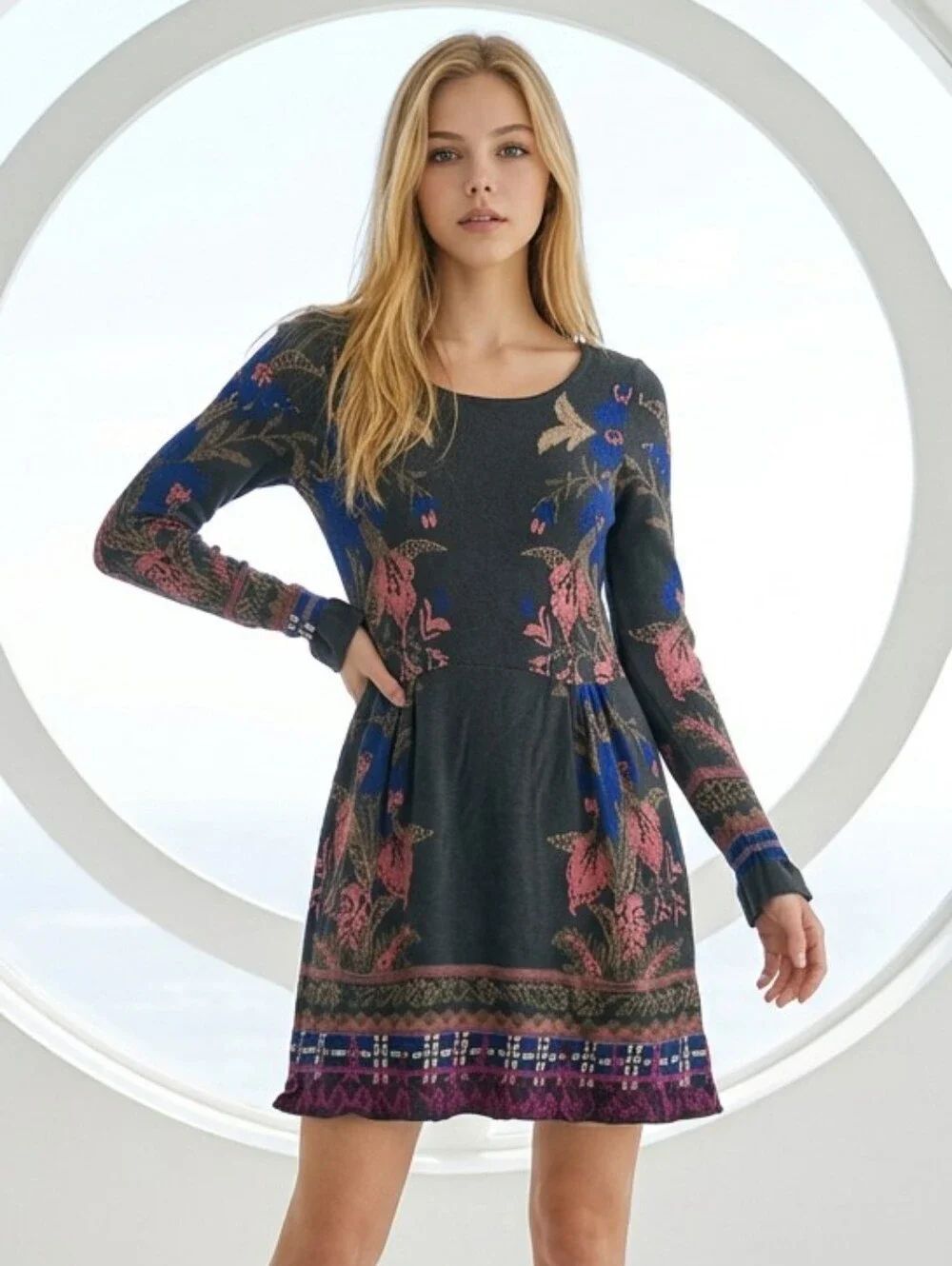 Anthropologie Knitted & Knotted Floral Fringe Cozy Sweater Dress Silk Blend XS